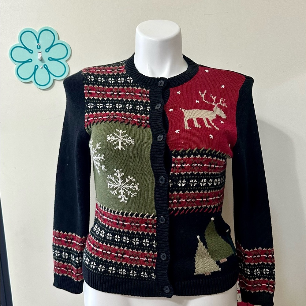 Cherokee Brand Size small Christmas holiday cardigan black green red